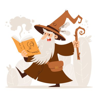 Cartoon Wizard Reading Magic Spellbook. Whimsical cartoon of a wizard with a tall hat, holding a magic spellbook and staff, casting a spell against a forest background. clipart