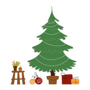 Süslerle, hediyelerle ve saksılarla süslenmiş Noel ağacının tasviri, minimalist bir tatil tarzını gözler önüne seriyor..