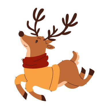 Illustration of a playful reindeer dressed in a yellow sweater and red scarf, leaping joyfully, in a festive holiday style. clipart