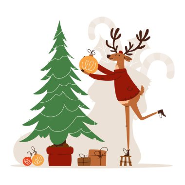 Kırmızı kazaklı bir ren geyiğinin Noel ağacına hediye ve mücevherlerle çevrili bir süs takmasının resmi..