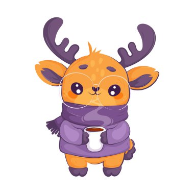 Charming cartoon deer wearing a purple scarf and sweater, holding a steaming cup of coffee, perfect for winter themes. Cartoon Deer with Antlers Holding Coffee clipart