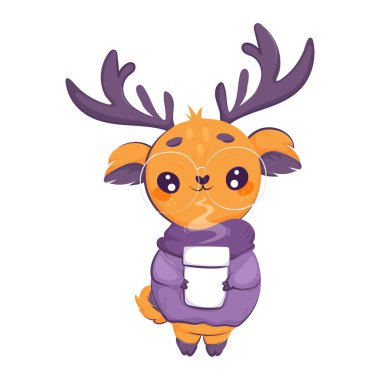 Cute cartoon deer wearing glasses, a purple sweater, and scarf, holding a coffee cup. Perfect for cozy, winter-themed designs. Adorable Cartoon Deer with Glasses and Coffee clipart