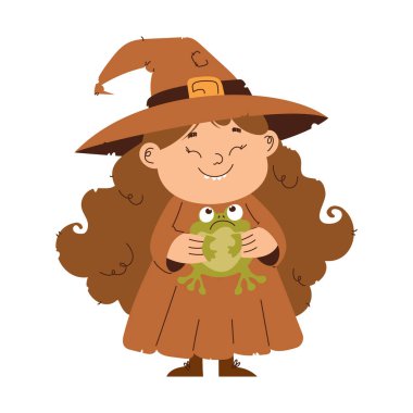 A cute cartoon witch girl with long curly hair and a big smile, holding a green frog while wearing a brown outfit and hat. clipart