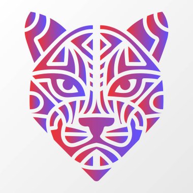 Abstract tribal cat face illustration with bold geometric patterns in vibrant red and blue gradient on a white background. clipart