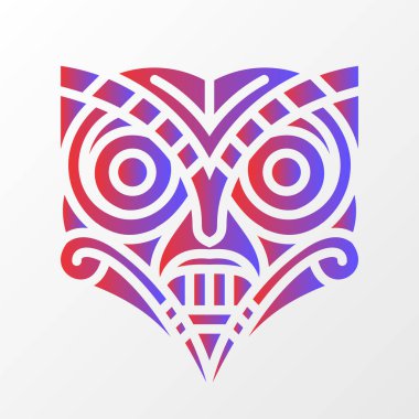 Beyaz arka planda kırmızı ve mavi gradyan içeren kabile desenleri olan baykuş esinlenilmiş bir maskenin cesur geometrik çizimi. Renkli Geometrik Baykuş Maske Çizimi