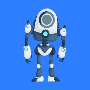 Fütürist bir robotun çizgi film çizimi dairesel bir kafası, pençe benzeri elleri ve mavi arka planda parlak mavi ve beyaz bir tasarımı var. Dairesel Baş Tasarımlı Geleceğin Robotu
