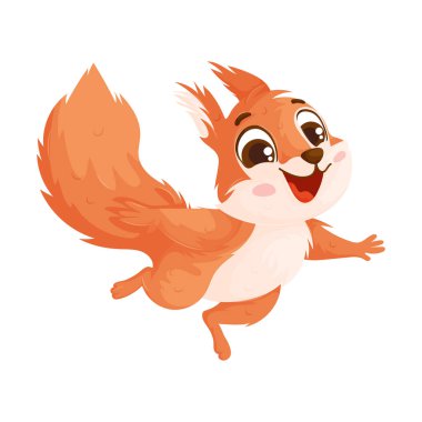 Çalı kuyruklu neşeli bir sincap enerjik bir şekilde atlıyor, geniş bir gülümseme ve beyaz bir arka planda neşeli bir ifade sergiliyor. Mutlu çizgi film sincabı sevinçle zıplıyor