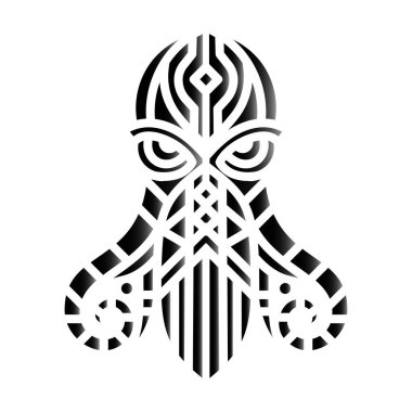 Abstract black and white octopus illustration with tribal geometric patterns, perfect for tattoo designs, logos, or artistic projects. Geometric Octopus Tribal Tattoo Design clipart