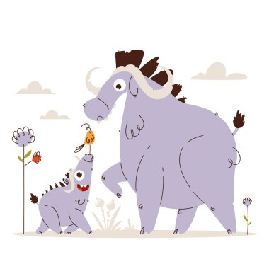 Bir bufalo ebeveyni ve bebek ile küçük bir kuşun etkileşiminin hoş bir çizimi. Çiçekler ve bulutlarla dolu tuhaf doğa sahnesi. Bebek ve kuşlu Buffalo Ailesi çizgi filmi