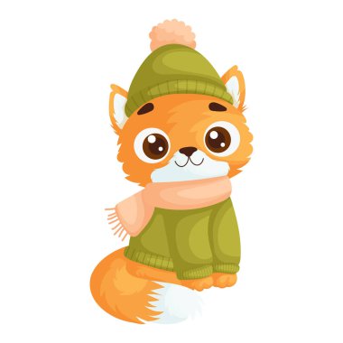 Şirin turuncu çizgi film kedisi yeşil bir kazak, ponpon şapkalı uyumlu bir şapka ve beyaz bir arka planda pembe bir eşarp içinde mutlu bir şekilde oturuyor. Yeşil Kış Kıyafeti İçinde Sevimli Çizgi Roman Kedisi