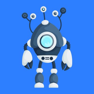 Birden fazla gözü, dairesel bir yüz ekranı, pençeli elleri ve mavi arka planda parlak mavi-beyaz bir tasarımı olan çizgi film robot çizimi. Çoklu Anten ve Pençeli Geleceğin Robotu