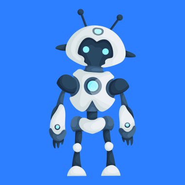 Beyaz ve mavi aksanlı, katı mavi arka planda duran gelecekçi insansı bir robotun tasviri. Mavi Arkaplan ile Gelecekçi Robot