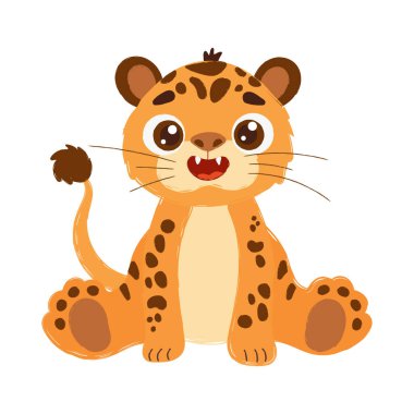 Oturan parlak gözlü, benekli kürklü ve beyaz arka planda neşeli bir gülüşü olan sevimli bir leopar çizimi. Benekli Sevimli Çizgi Film Leoparı
