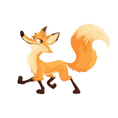 Kabarık kuyruklu oyuncu çizgi film tilkisi, güvenle yürüyor, beyaz arka planda kendini beğenmiş bir ifade var. Tüylü Kuyruklu Kendinden emin Tilki Çizgi Filmi