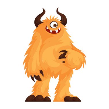 Oyuncu çizgi film tarzı tüylü turuncu canavar, tek bir büyük göz, kavisli boynuzlar, keskin pençeler ve rahat bir duruşta duran dostça bir sırıtış. Koca Boynuzlu Tüylü Tek Gözlü Çizgi Film Canavarı