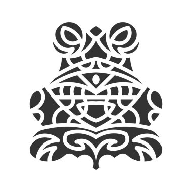 Cesur geometrik desenler ve simetrik tasarım içeren karmaşık siyah beyaz kabile kurbağa çizimleri dövmeler, logolar ve sanatsal projeler için mükemmeldir. Kabile Kurbağa Dövmesi Tasarımı
