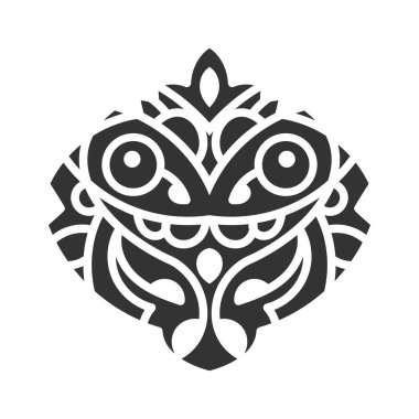 Kalın çizgiler ve simetrik tasarım içeren dairesel geometrik desenli karmaşık siyah-beyaz kabile kurbağa çizimi dövme ve logolar için idealdir. Dairesel Tasarımda Kabile Kurbağa Sembolü