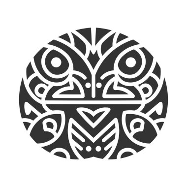 Dairesel geometrik desenli karmaşık siyah beyaz kabile kurbağa çizimi, kalın çizgiler ve dairesel tasarımda simetrik kurbağa sembolü içerir.