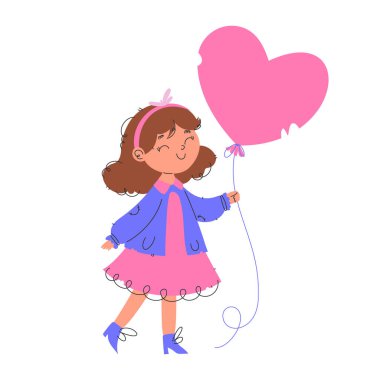 Pembe elbiseli, mavi ceketli, elinde pembe kalp şeklinde bir balon tutan, neşe ve aşkı sembolize eden sevimli bir kızın çizgi film çizimi. Sevimli kız pembe kalp balonu tutuyor.