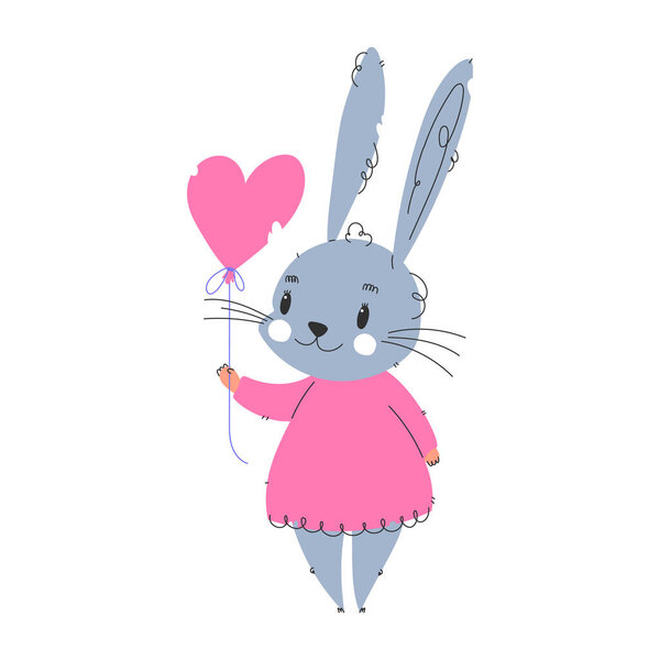 Adorable cartoon illustration of a smiling bunny wearing a pink dress and holding a heart-shaped balloon, symbolizing love, joy, and innocence. Cute bunny in pink dress holding heart balloon