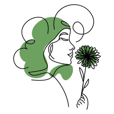 Çiçek tutan ve koklayan, güzelliği, kadınlığı ve sakin doğa titreşimlerini ifade eden sakin bir kadının stilize edilmiş minimalist çizimi. Zarif Çizgili Sanat Kadını Çiçek Kokan Kadın