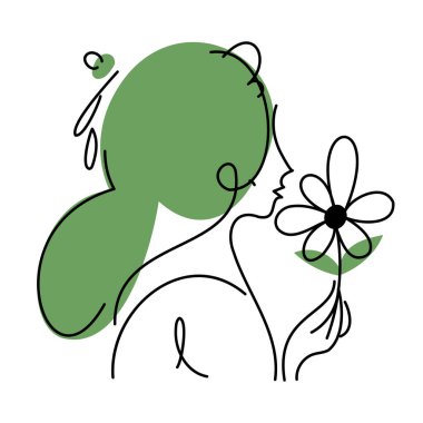 Papatya çiçeğini tutan topuzu olan bir kadının zarif çizimi kadınlığı, barışı ve doğal güzelliği sembolize ediyor. Daisy Line Sanatı Kokan Minimalist Kadın