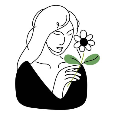 Uzun saçlı, dingin, papatya çiçeğini nazikçe tutan, güzelliği, zarafeti ve sakinliği sembolize eden bir kadın çizimi. Çiçek Tutan Kadın Minimalist Çizgi Sanatı