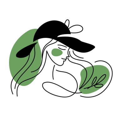 Geniş kenarlı, dalgalı saçlı, zarafeti, tarzı ve kadınsı güzelliği yakalayan bir kadının zarif bir tasviri. Şapka Çizgisi İçinde Şık Kadın Çizimi