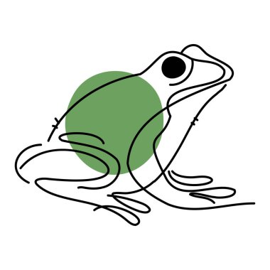 Yeşil aksanlı, doğa, vahşi yaşam ve amfibi yaşamı sembolize eden basit bir kurbağa çizimi. Yan Görünüm Çizgisi Sanatında Minimalist Kurbağa