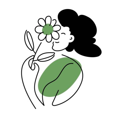 Gülümseyen, kıvırcık saçlı, papatya tutan, neşe, doğa ve kadınsı cazibeyi temsil eden bir kadının minimalist çizimi. Mutlu Kadın Çiçek Koklayan Çizgi Sanatı