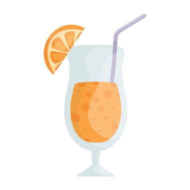 Turuncu bir dilim garnitür ve pipetle bardakta renkli çizgi film tarzı tropikal kokteyl. Yazı, tatili ve ferahlatıcı içecekleri sembolize ediyor. Portakal dilimli Tropikal Kokteyl Çizgi Filmi