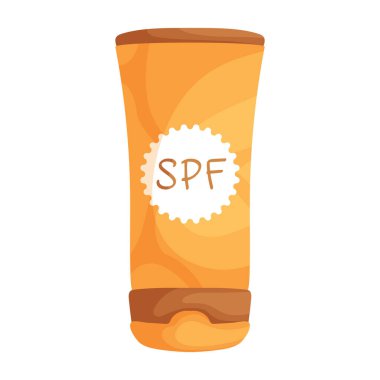 Açık hava aktiviteleri için güneş koruması, cilt bakımı ve yaz esaslarını sembolize eden SPF etiketli parlak ve basit bir karikatür tarzı güneş kremi şişesi. SPF etiketli karikatür güneş kremi şişesi