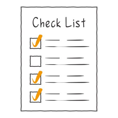İşaretli kutular ile elle çizilmiş basit bir liste çizimi, bazıları turuncu işaretlerle işaretlenmiş, görev tamamlamayı, organizasyonu veya planlamayı temsil ediyor. İşaretli kutular ile el çizimi kontrol listesi