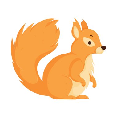 Yumuşak kuyruklu sevimli çizgi film sincabı meraklı ve tetikte görünüyor. Çocuklar ve doğa temaları için eğlenceli ve eğlenceli hayvan örnekleri. Şirin çizgi film sincabı çalı kuyruklu oturuyor.