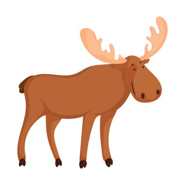 Büyük boynuzları ve dostça bir ifadeyle duran sevimli çizgi film geyiği. Çocuklar ve doğa temaları için eğlenceli ve eğlenceli vahşi yaşam illüstrasyonu. Büyük boynuzları olan sevimli çizgi film geyiği.