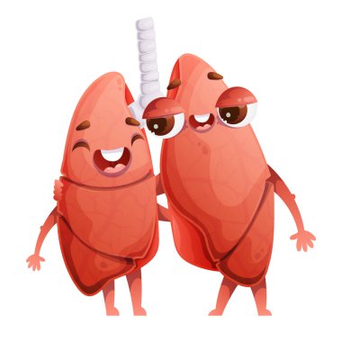 Bir akciğeri kucaklayan iki çizgi film karakteri neşeli ve gülümserken, diğeri yorgun ve uykulu bir ifadeye sahiptir. Sağlık ve hastalığı temsil ediyor..