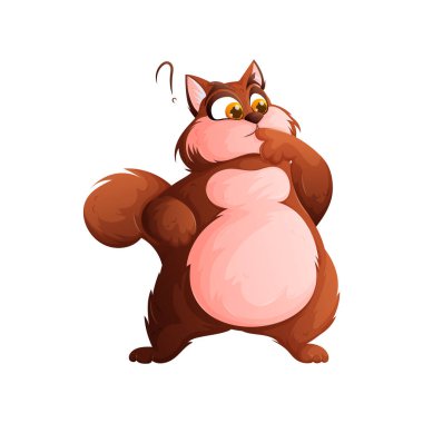 Şirin, pofuduk, kahverengi ve pembe sincap çizgi film karakteri, kafasının üstünde bir soru işareti, beyaz bir arka plan karşı duran ve düşünen.