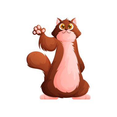 Bu illüstrasyonda, karşılama jesti olarak patisini sallayan, dik duran bir çizgi film kedisi yer alıyor. Kedinin büyük, anlamlı gözleri ve sevimli bir gülümsemesi var..