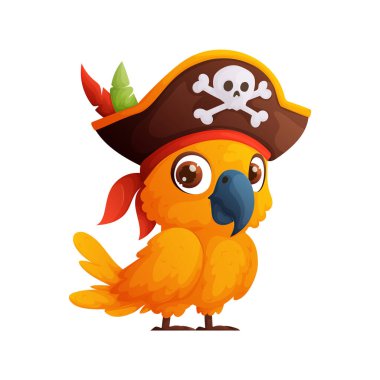 Üzerinde kafatası, çapraz kemikleri ve kırmızı bir bandanası olan korsan kılığına girmiş şirin sarı bir papağanın olduğu büyüleyici bir çizgi film çizimi. Papağan beyaz arka planda tek başına duruyor..