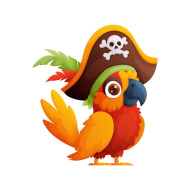 Bu karikatür, kafatası ve tüyleri olan korsan şapkası takan sevimli bir korsan papağanı tasvir ediyor. Temalı tasarımlar ve macera projeleri için mükemmel.