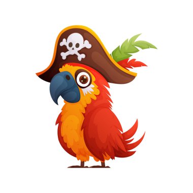 Korsan gibi giyinmiş, kafatası ve çapraz kemikli bir şapka takan sevimli bir papağan. Vektör illüstrasyonu, canlı renkler ve ayrıntılı tüy dokuları.