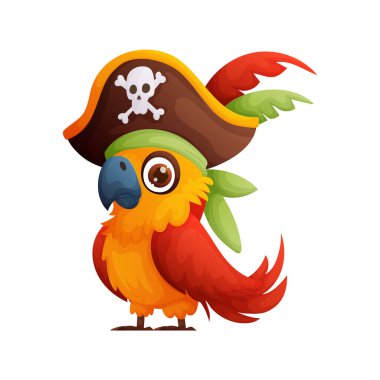 Bu sevimli bir korsan papağanın karikatür çizimi. Papağan korsan şapkası takıyor. Kafatası, çapraz kemikleri ve yeşil bandanası var..