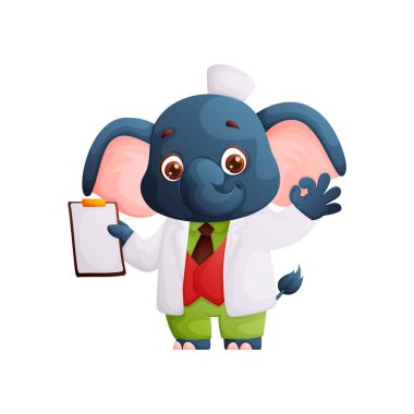 Beyaz önlüklü, kırmızı yelekli, yeşil pantolonlu, elinde bir not panosu olan çekici bir fil doktor. Sağlık, eğitim ve şakacı çizimler için mükemmel..