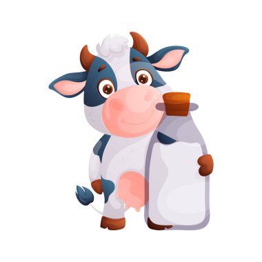 Elinde süt şişesi olan bir ineğin sevimli çizgi film çizimi. Çocuk kitapları, tarım temalı tasarımlar ve süt ürünleri promosyonları için mükemmel..
