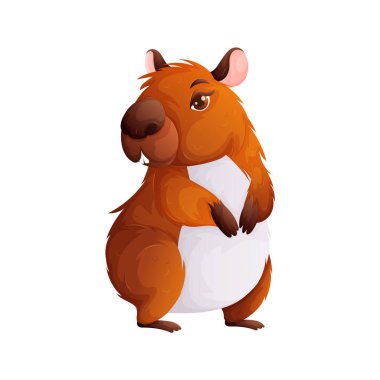 Dik duran bir Capybara 'nın sevimli çizgi film çizimi. Bu büyüleyici hayvan karakteri neşeli bir ifade ve yumuşak, yuvarlak bir tasarım içeriyor. Çocuklar için mükemmel..