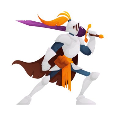 Bu, zırhlı bir şövalyenin karikatür çizimi. Şövalyenin miğferinin üzerinde mor bir kılıç, kahverengi bir pelerin ve turuncu bir tüy var. Savaşmaya hazır..