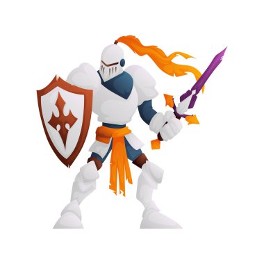 Bu resimde parlak zırhlı bir çizgi film şövalyesinin elinde bir kalkan ve kılıç taşıdığı görülüyor. Karakter tasarımı canlı ve stil dolu. Fantezi temalı projeler için ideal..