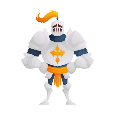 Beyaz zırhlı bir şövalyenin çizgi film stili çizimi. Kaskında turuncu bir arma ve belinde beyaz bir kuşak var..