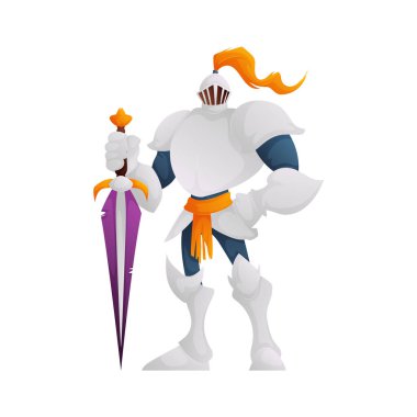 Bu canlı karikatür karikatüründe mor kılıçlı, gümüş zırhlı cesur bir şövalye var. Fantezi çizimleri için ideal..