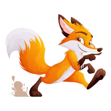 Bu, koşan tilkinin çizgi film çizimi. Tilki neşeli görünüyor. Tilki kararlı bir bakışla hızlı koşuyor. Beyaz bir arka planda izole edilmiş..